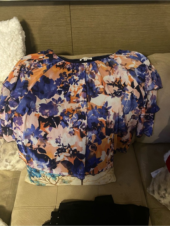 PerSeption Concept Tops - PerSeption Concept Blue & Orange Floral Ruffled Sleeve Blouse